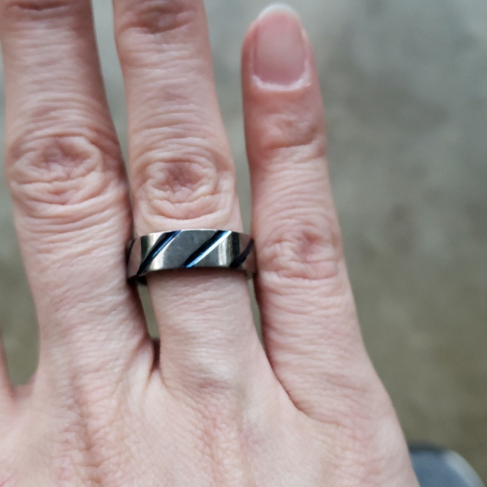 Titanium ring silver and blue stripes